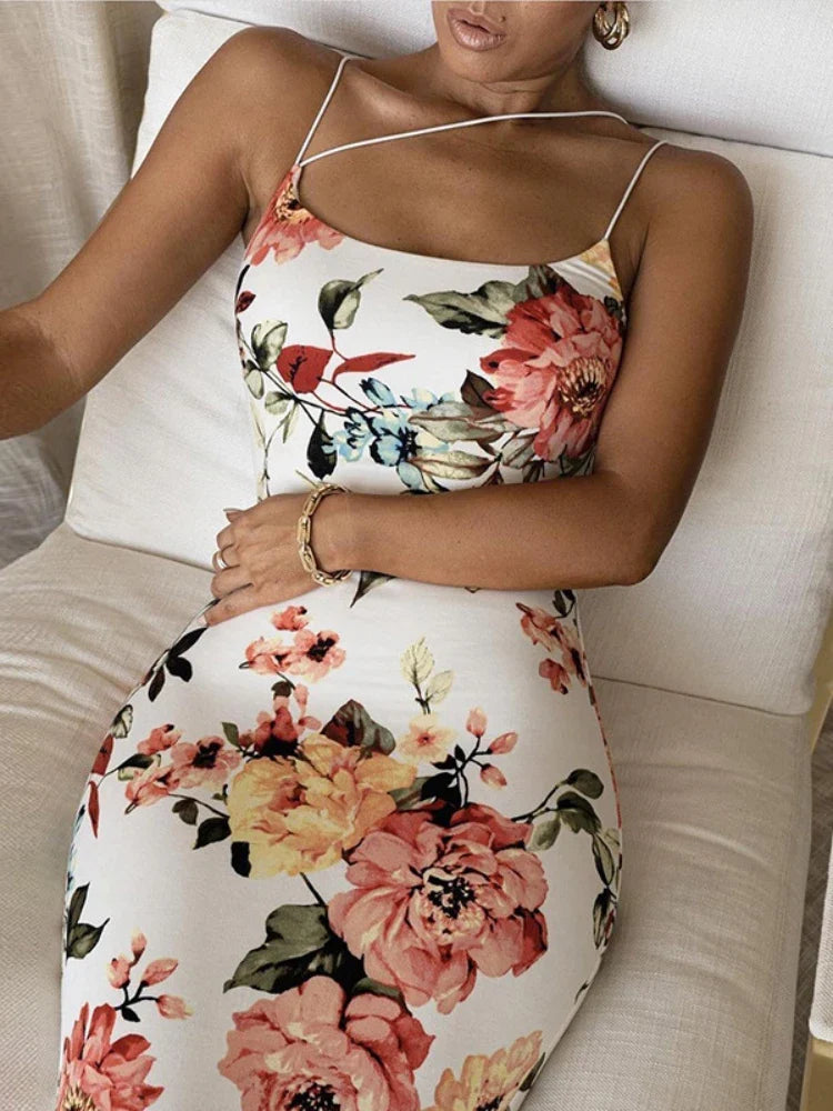 Floral Midi Dress – Spaghetti Strap Bodycon Dress with Fitted Silhouette, Delicate Botanical Print and Feminine Style for Vacations & Brunch