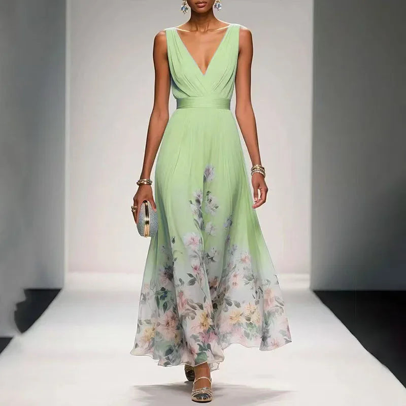 Floral Maxi Dress – Sleeveless V-Neck A-Line Dress with Fitted Waist and Flowing Skirt for Weddings, Garden Parties & Vacations