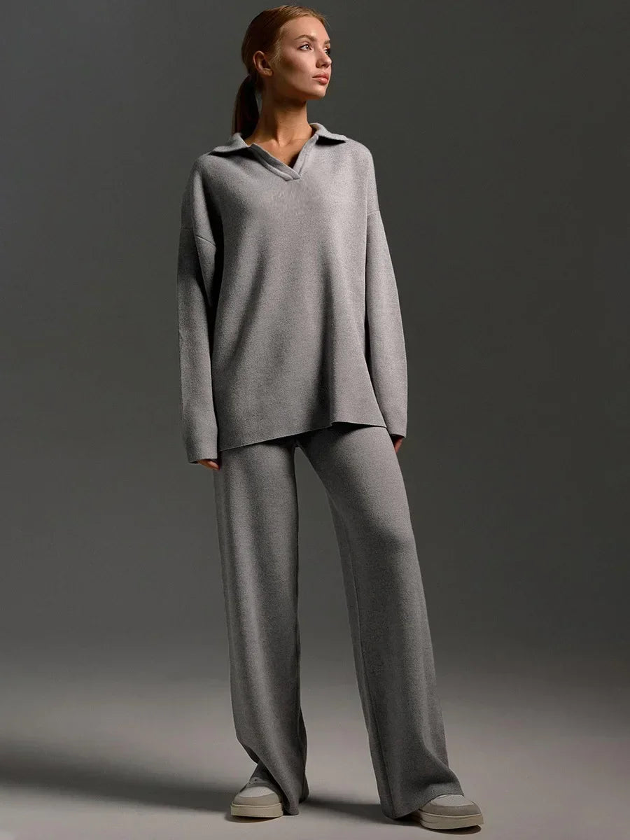 Collared Knit Sweater & Wide Leg Pants Co-Ord Set | Long Sleeve Two Piece Casual Outfit | Chic Fall & Winter Matching Set