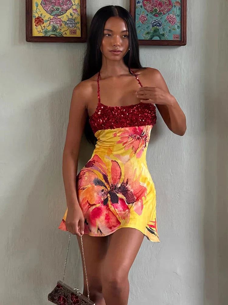 Floral Mini Dress – Spaghetti Strap Sundress with Ruched Bodice, Empire Waist and Flared A-Line Skirt for Summer & Vacation Wear