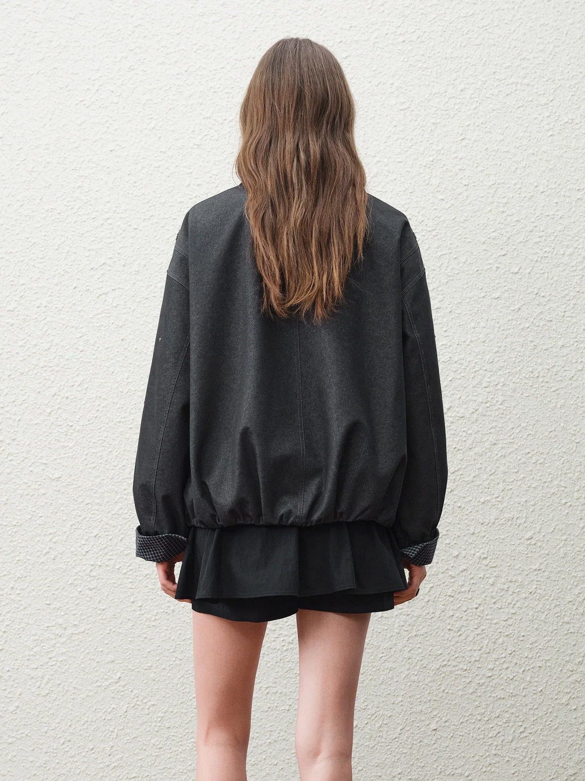 Embellished Bomber Jacket, Oversized Zip-Up Jacket with Stand Collar and Ribbed Cuffs, Relaxed Fit Casual Transitional Outerwear