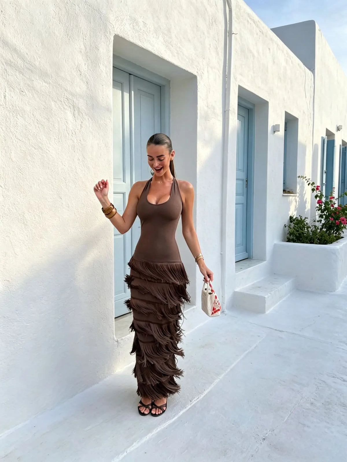 Fringe Maxi Dress – Sleeveless Bodycon Dress with Layered Fringe Skirt, Scoop Neckline and Fitted Silhouette for Parties and Vacations