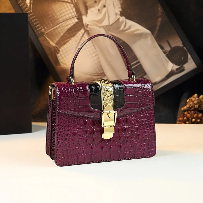 Crocodile Embossed Top Handle Handbag, Structured Vintage Satchel with Gold-Tone Clasp, Elegant Shoulder Purse for Work, Dates & Special Occasions