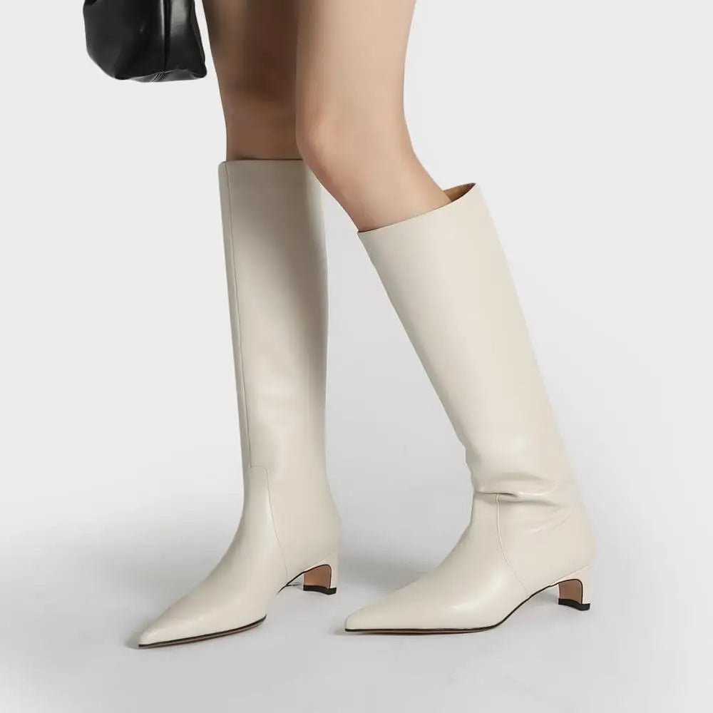 Knee High Pointed Toe Boots | Elegant Kitten Heel Tall Boots | Sleek Pull-On Fashion Boots