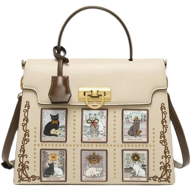 Vintage Tarot Print Satchel Handbag, Artistic Structured Shoulder Purse with Top Handle, Decorative Card Design Crossbody Bag for Everyday Use