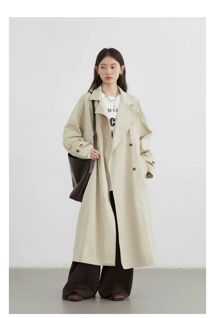 Classic Double-Breasted Trench Coat, Longline Coat with Wide Lapels and Adjustable Cuffs, Elegant Minimalist Transitional Outerwear