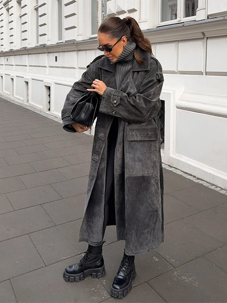Longline Trench Coat, Belted Faux Leather Coat with Wide Lapels and Relaxed Fit, Elegant Winter Statement Outerwear