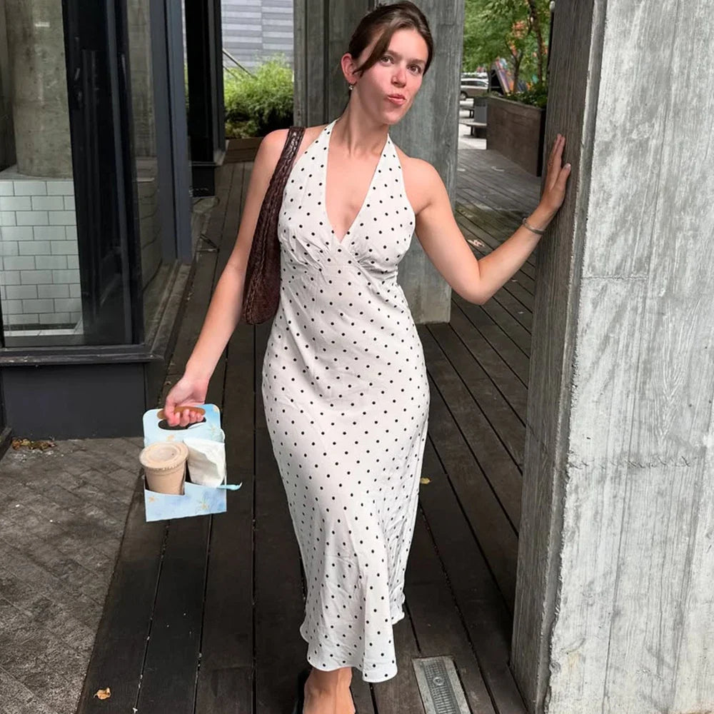 Polka Dot Midi Dress – Sleeveless Halter Neck Dress with Fitted Silhouette, Side Slit and Elegant Column Shape for Vacations & Summer Events