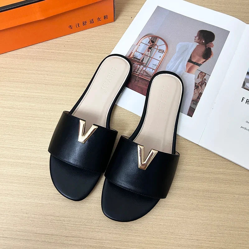 V Buckle Slide Sandals | Minimalist Open Toe Mules | Elegant Flat Summer Casual Shoes
