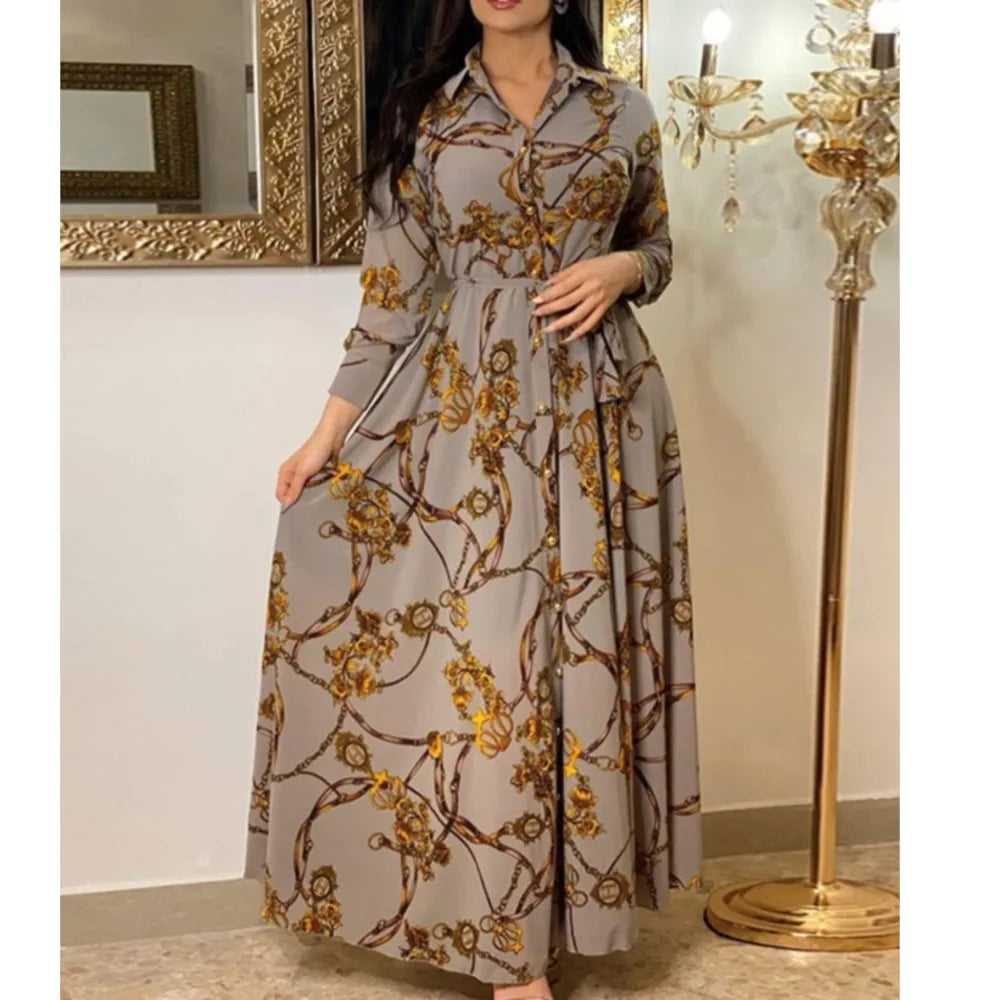 Floral Maxi Dress – Long Sleeve V-Neck Dress with Button Front, Defined Waist and Flowing A-Line Skirt for Weddings, Brunch & Events