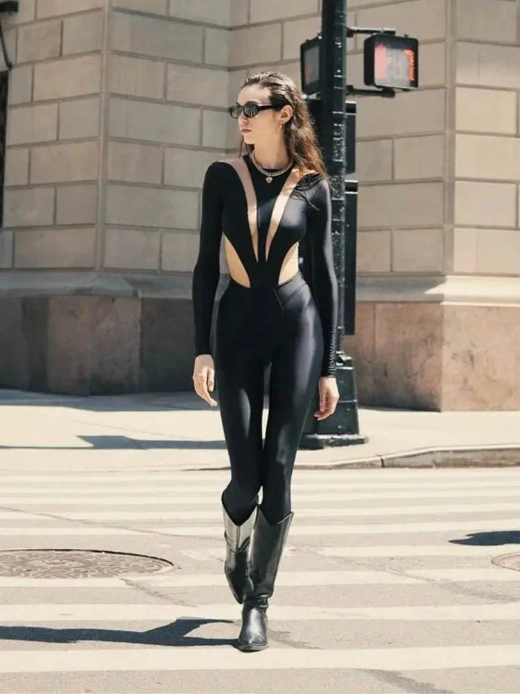 Cutout Jumpsuit – Long Sleeve Slim Fit One-Piece with Plunging Neckline and Waist Cutout Detail for Parties, Clubwear & Night Out