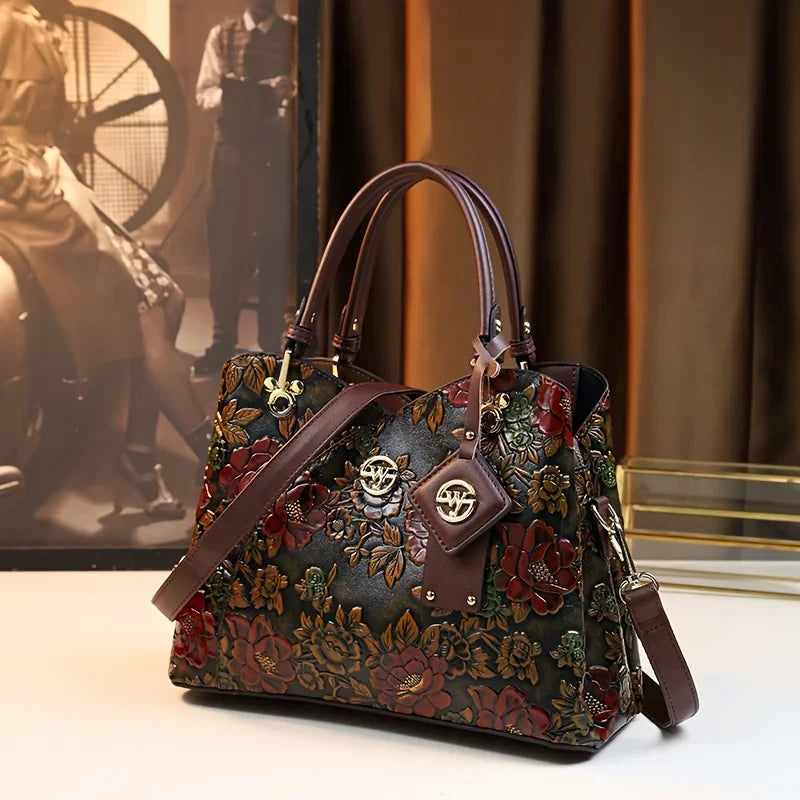 Vintage Floral Satchel Handbag, Embroidered Top Handle Purse with Decorative Charms, Structured Shoulder & Crossbody Bag for Travel & Everyday Use
