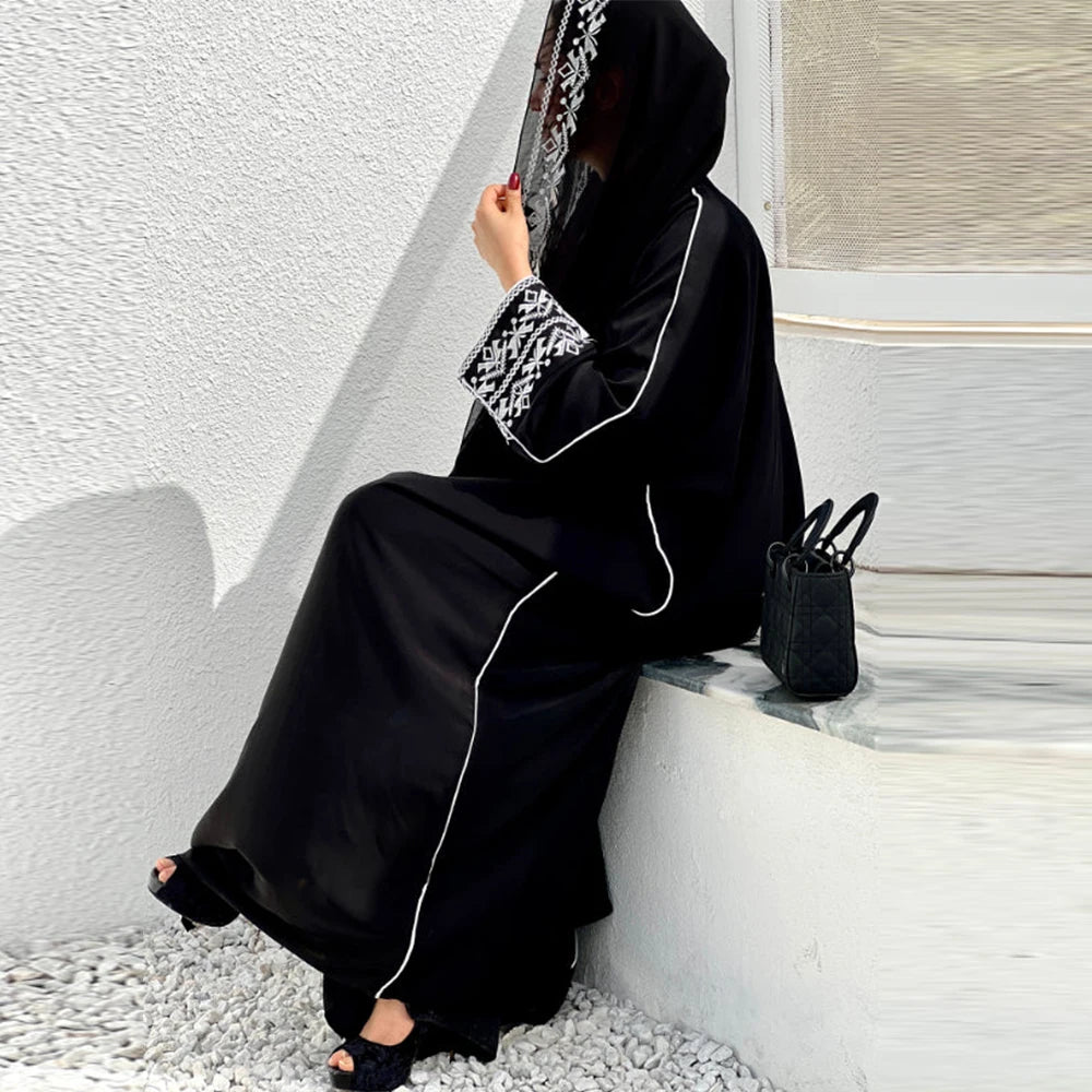 Embroidered Black Abaya with Belted Waist & Wide Sleeves | Modest Maxi Dress with Elegant Trim Detail | Muslim Occasion Wear