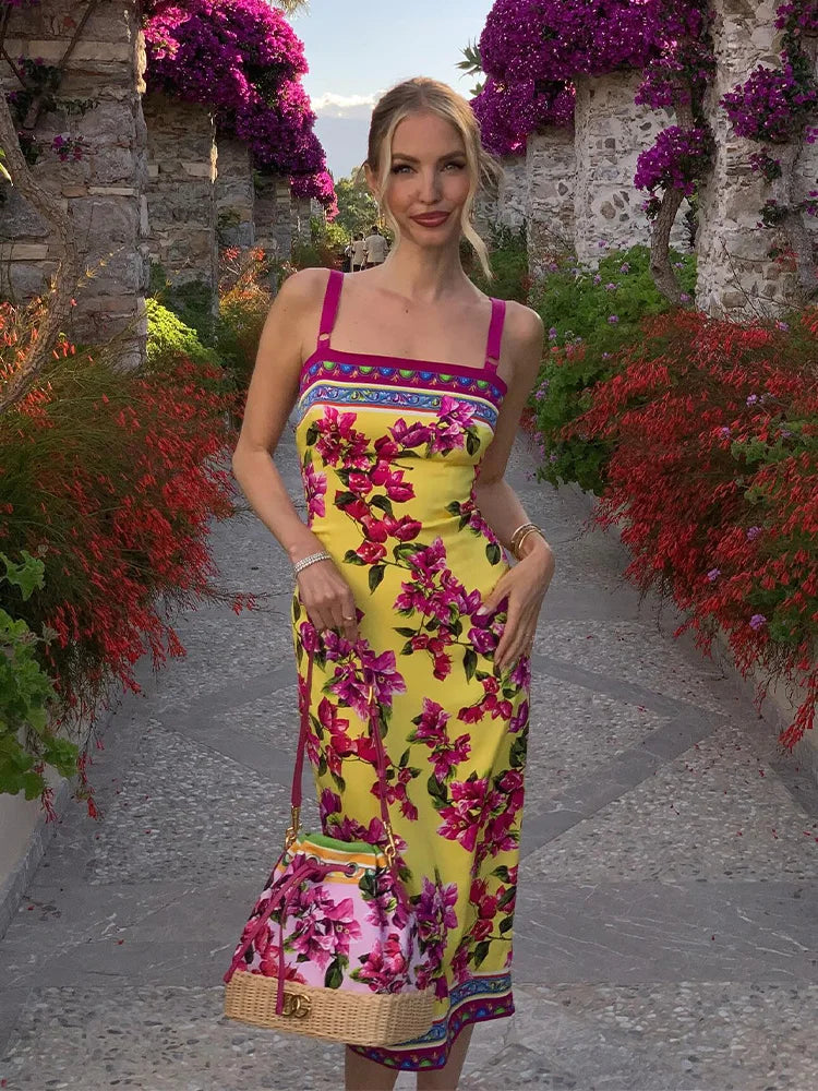 Floral Midi Dress – Spaghetti Strap Bodycon Dress with Square Neck, Vibrant Botanical Print and Straight Silhouette for Vacations & Summer Events