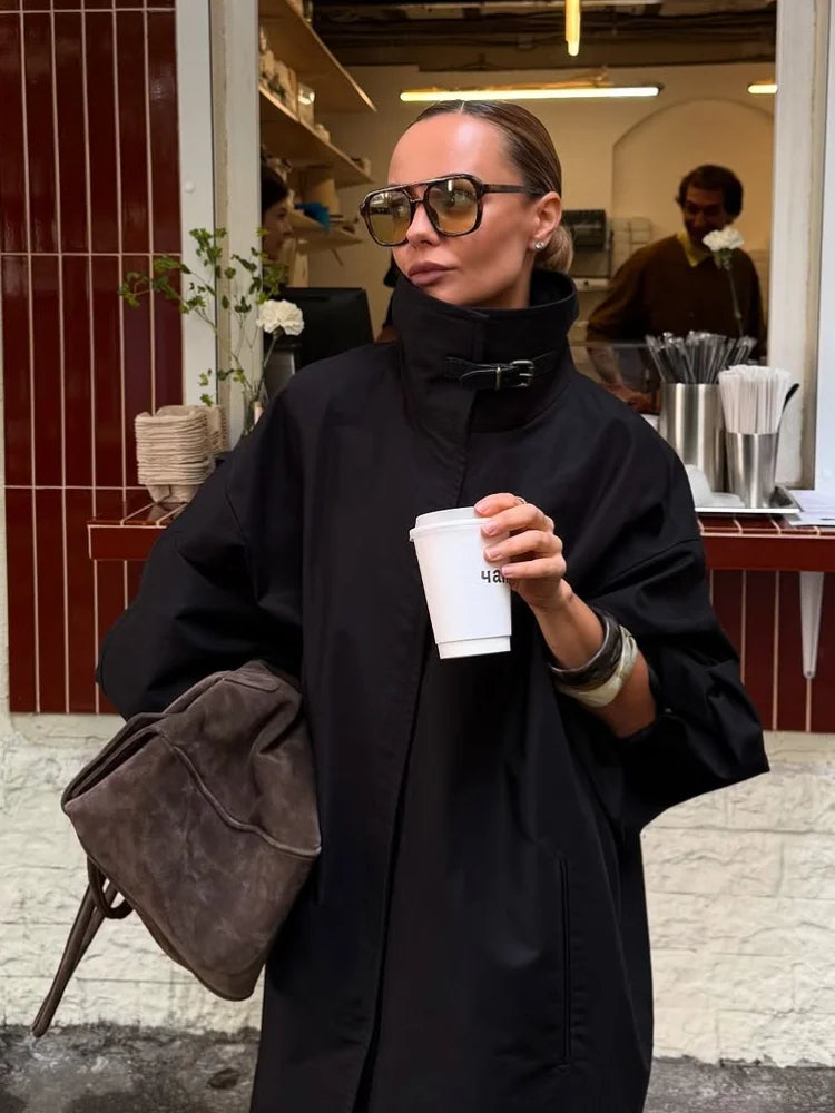 Longline Cape Coat, High Neck Button-Up Coat with Draped Cape Sleeves and Relaxed Fit, Elegant Minimalist Winter Outerwear