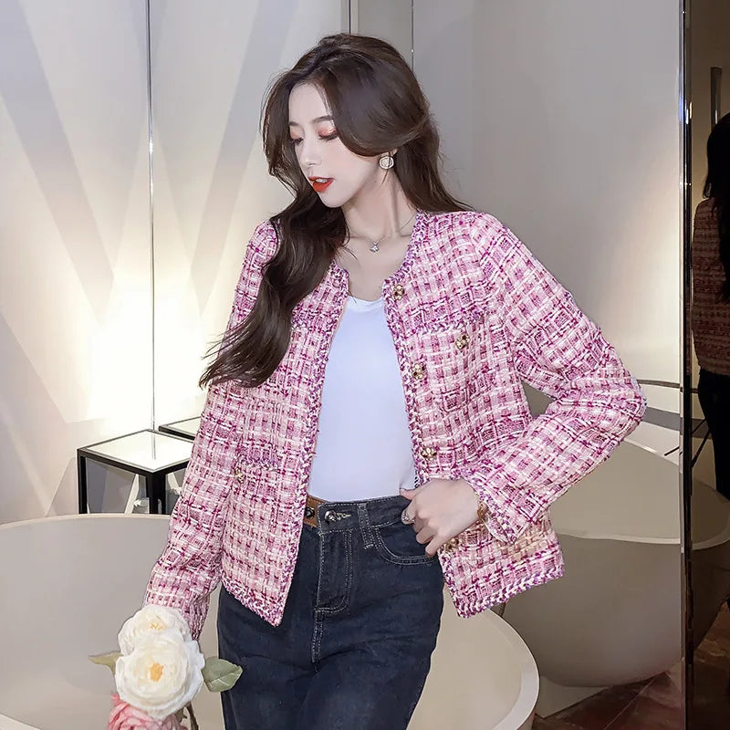 Textured Tweed Jacket, Cropped V-Neck Jacket with Button Front and Frayed Trim, Elegant Feminine Casual Outerwear