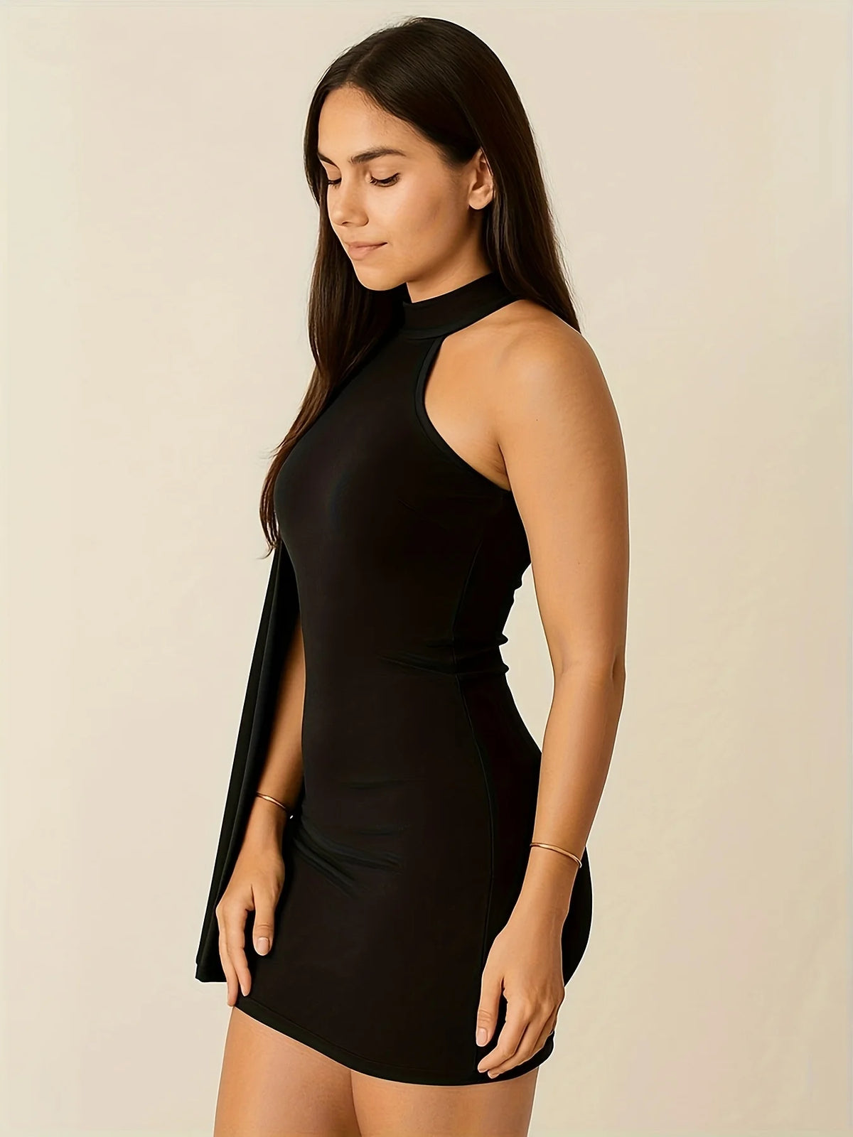 One Shoulder Mini Dress – High Neck Bodycon Dress with Cape Sleeve Detail, Asymmetrical Design and Fitted Silhouette for Evening Wear