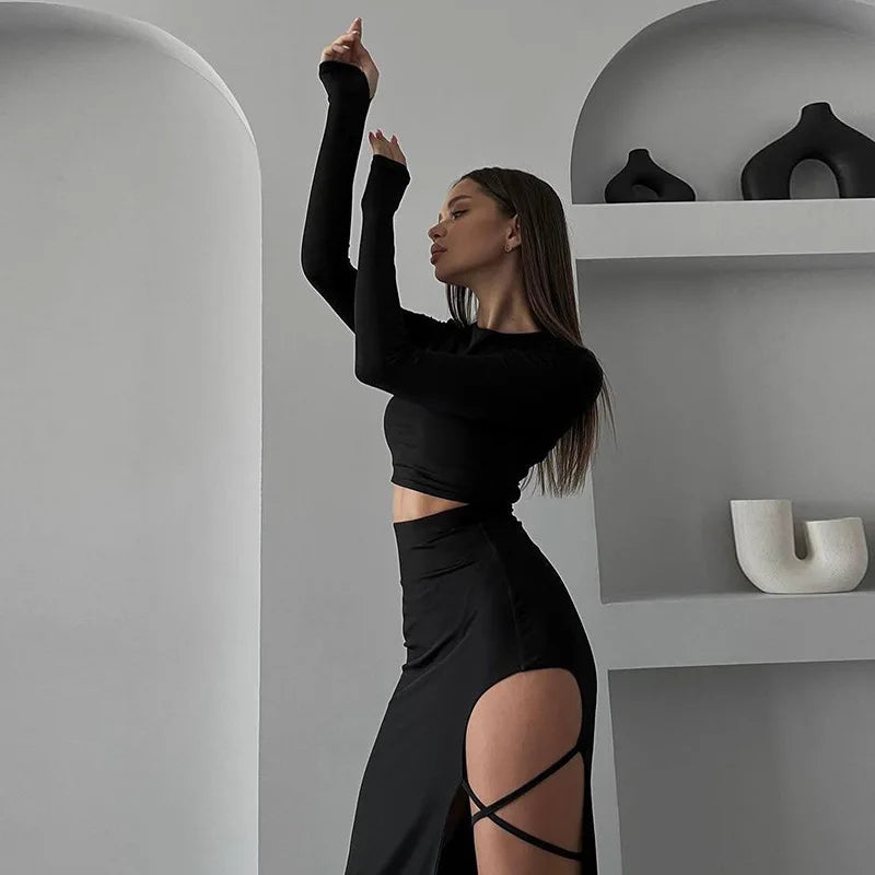 Long Sleeve Crop Top & Cutout Maxi Skirt Co-Ord Set | Lace-Up Side Slit Two Piece Outfit | Chic Party & Evening Matching Set