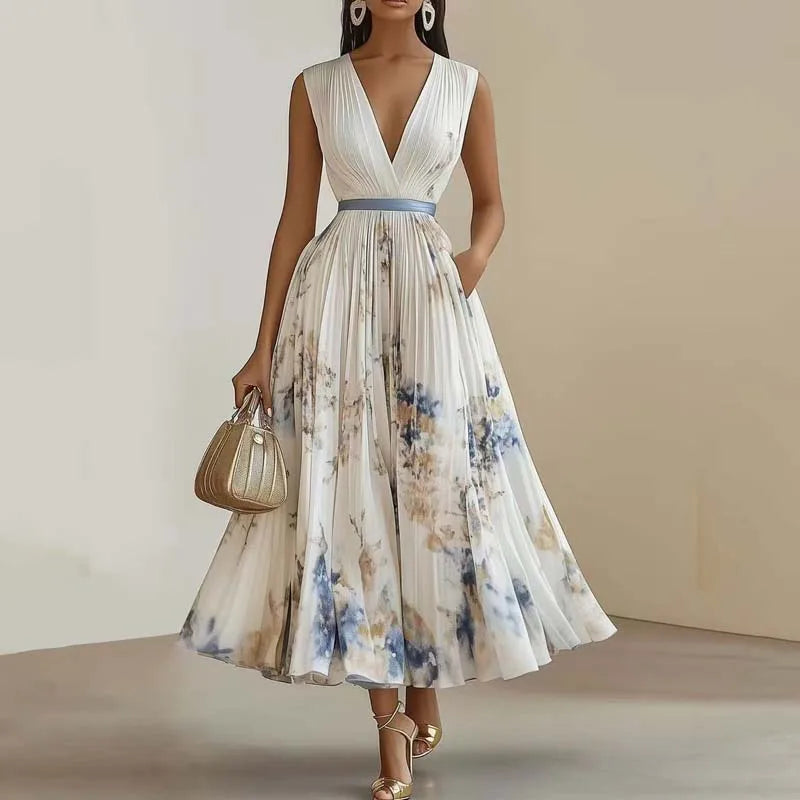 Floral Wrap Midi Dress – V-Neck Sleeveless A-Line Dress with Tie Waist and Flowing Pleated Skirt for Weddings, Brunch & Special Occasions