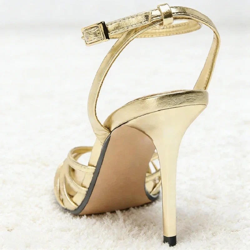 Women's Gold Strappy High Heel Sandals – Elegant Open Toe Ankle Strap Stiletto Heels for Wedding, Party, Evening & Formal Wear