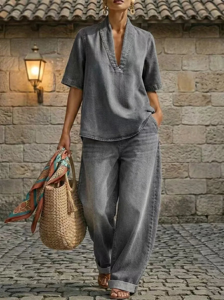 V-Neck Denim Top & Wide Leg Jeans Co-Ord Set | Short Sleeve Two Piece Casual Outfit | Chic Everyday Travel & Weekend Matching Set