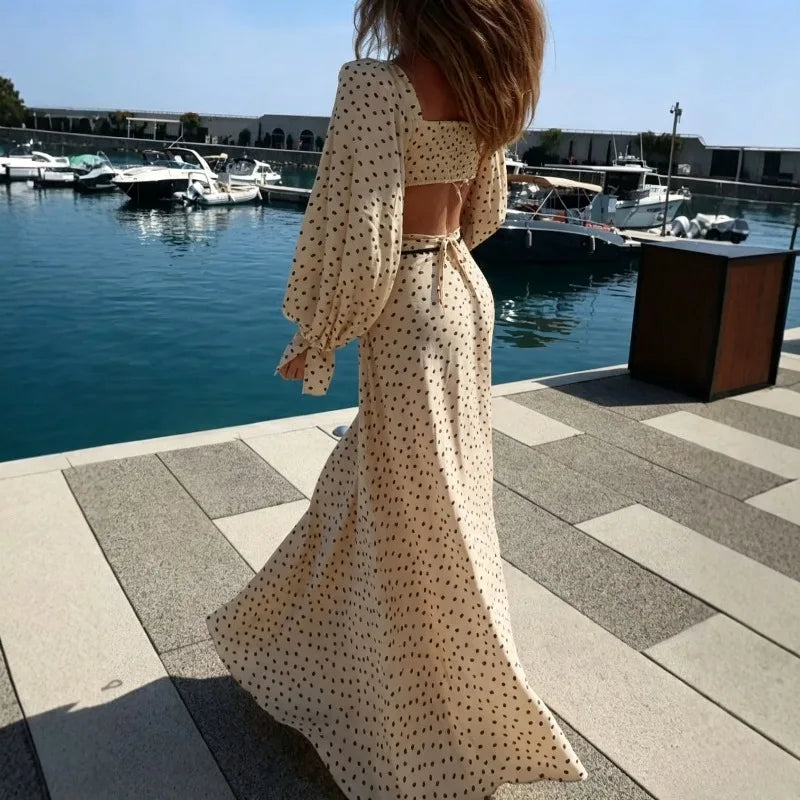 Polka Dot Crop Top &amp; Wide Leg Pants Co-Ord Set with Long Sleeve Blouse | Three Piece Inspired Look | Chic Vacation &amp; Summer Outfit