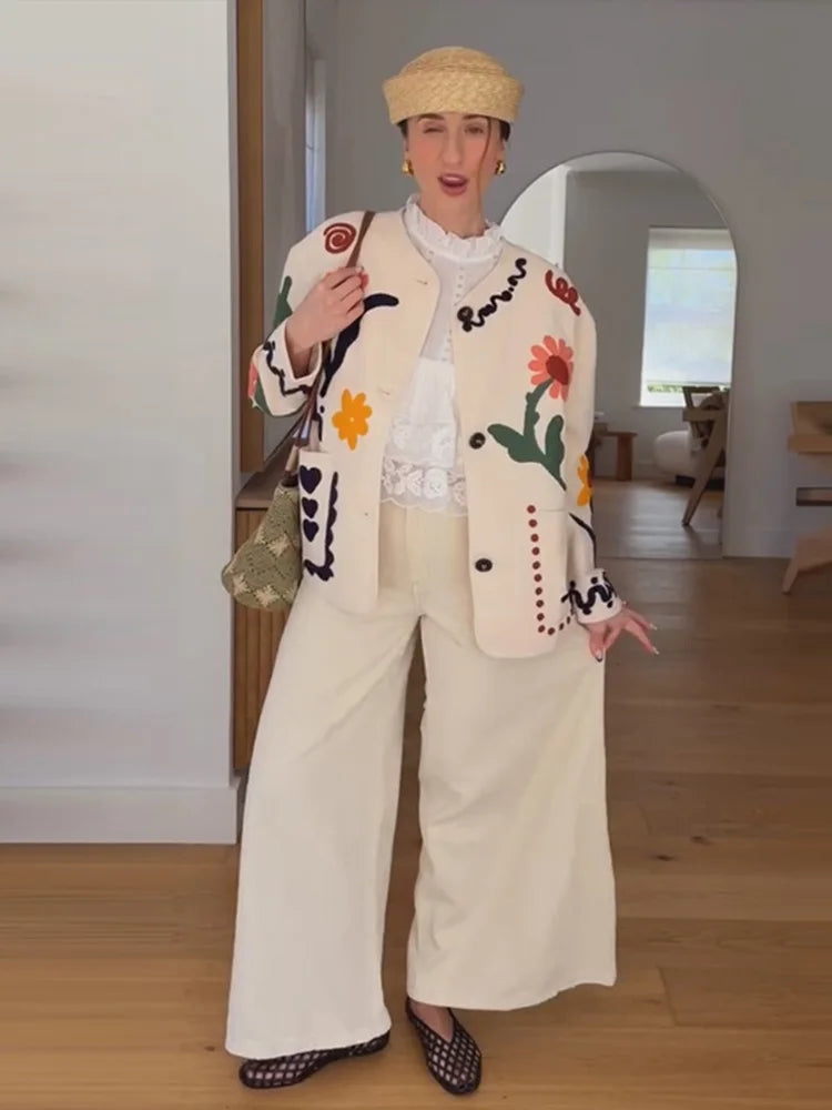 Embroidered Knit Jacket with Contrast Patches, Textured Button-Up Cardigan Jacket, Artistic Boho Chic Outerwear