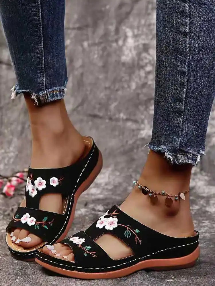 Floral orthopaedic Wedge Sandals | Embroidered Platform Mules | Comfortable Open Toe Summer Shoes