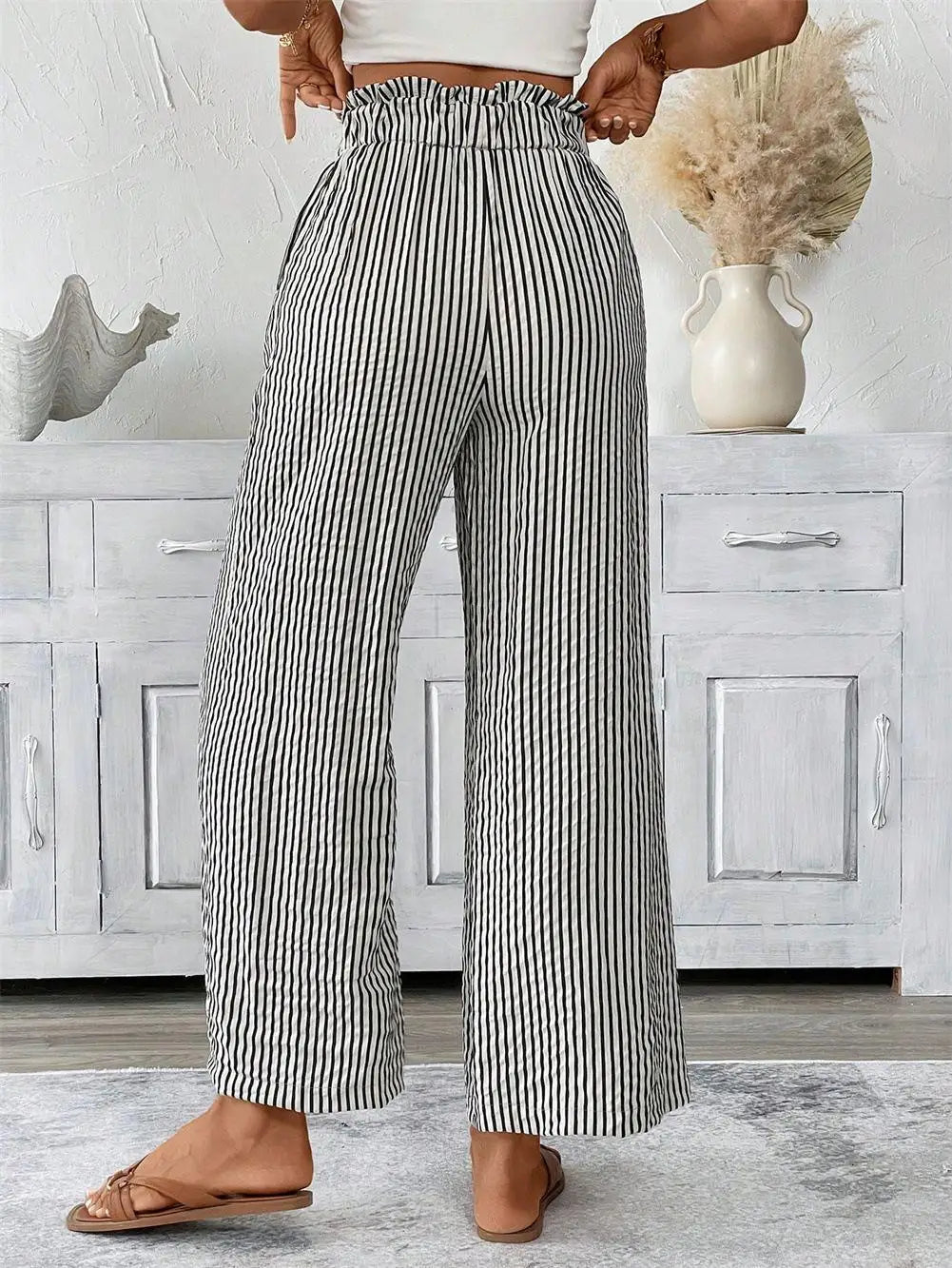 High Waisted Wide Leg Pants Chevron Print Drawstring Trousers Relaxed Fit Flowing Casual Boho Lounge Bottoms