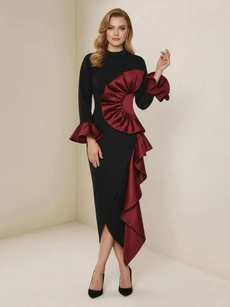 Ruffle Midi Dress – Long Sleeve Bodycon Dress with Draped Waist, Statement Ruffles and Asymmetrical Hem for Cocktail Parties & Events