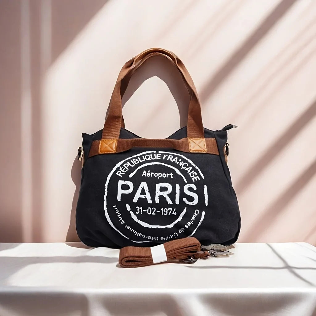 Vintage Canvas Tote Bag, Paris Print Shoulder Handbag, Rustic Travel Carryall Purse with Top Handles for Shopping, Vacation & Everyday Use