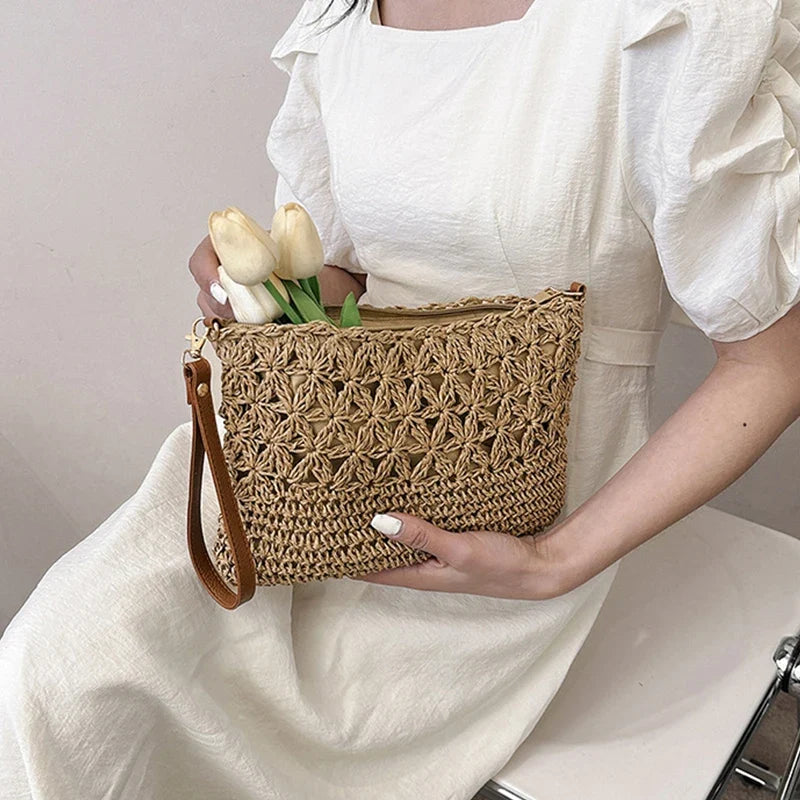 Crochet Shoulder Bag, Handmade-Style Woven Hobo Purse with Leather Accent Strap, Boho Summer Handbag for Beach, Travel & Everyday Use
