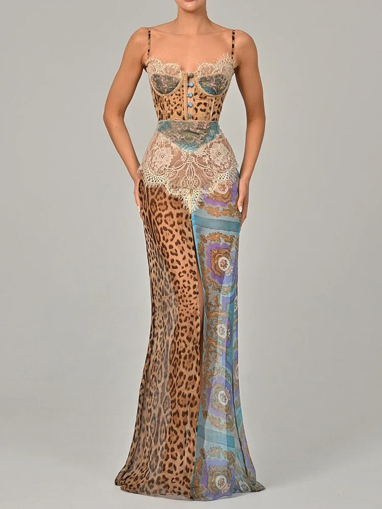 Patchwork Print Maxi Dress – Corset Bodice Spaghetti Strap Dress with Fitted Waist, Mixed Prints and Mermaid Floor-Length Skirt for Events