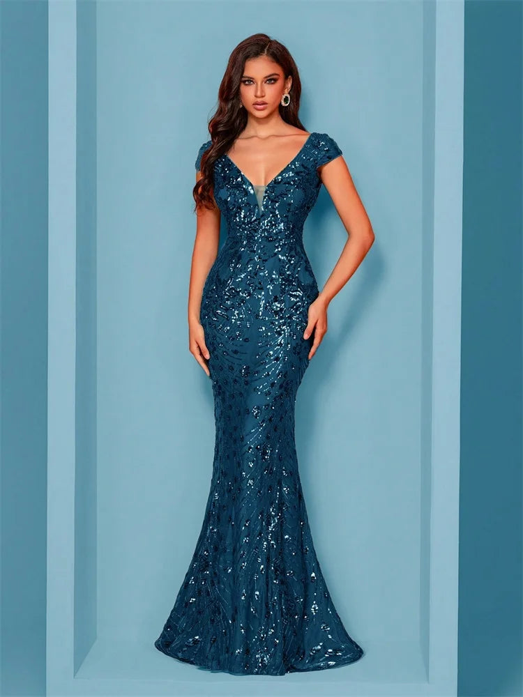 Sequin Mermaid Gown – V-Neck Short Sleeve Maxi Dress with Embellished Bodice, Figure-Hugging Fit and Flared Floor-Length Hem