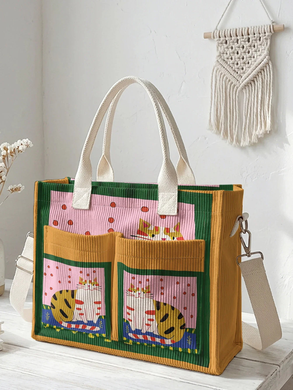 Patchwork Canvas Tote Bag, Large Printed Shoulder Handbag with Multiple Front Pockets, Spacious Carryall Purse for Shopping, Travel & Everyday Use