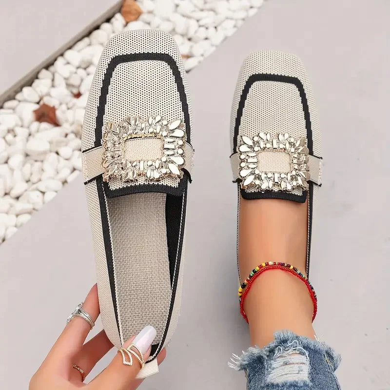 Embellished Loafers | Square Toe Slip-On Flats | Rhinestone Buckle Casual Dress Shoes