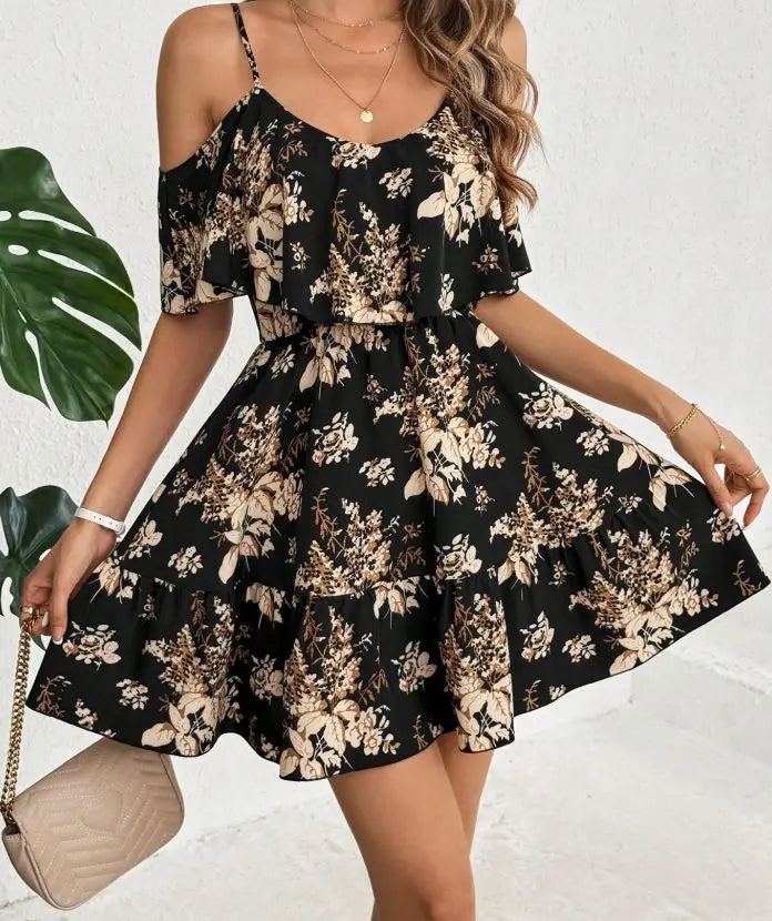 Floral Mini Dress – Off Shoulder Short Sleeve Dress with Spaghetti Straps, Defined Waist and Flared Skirt for Brunch, Vacations & Summer Events
