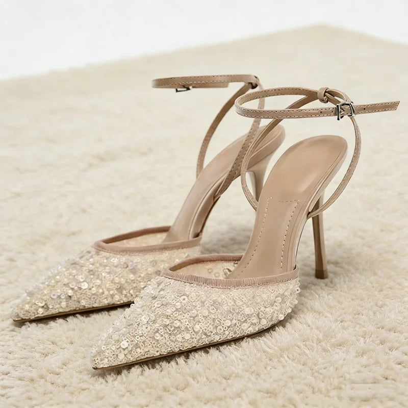 Women's Rhinestone Pointed Toe Stiletto Heels – Elegant Ankle Strap Bridal Pumps for Wedding, Party, Prom & Evening Wear
