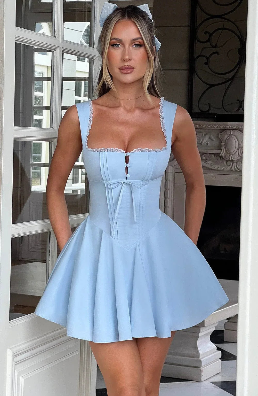 Corset Mini Dress – Sleeveless Square Neck Dress with Lace Trim, Structured Bodice, Defined Waist and Flared A-Line Skirt for Parties