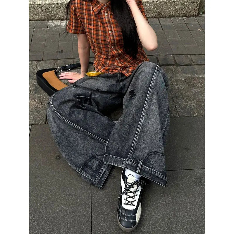 High Waisted Baggy Cargo Jeans Wide Leg Distressed Denim Pants Oversized Relaxed Fit Y2K Streetwear Utility Trousers