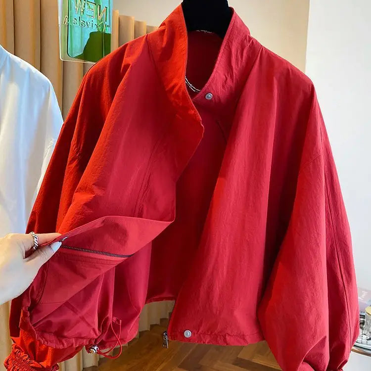 Oversized Utility Bomber Jacket with Stand Collar, Lightweight Zip-Up Jacket with Snap Details, Casual Transitional Outerwear
