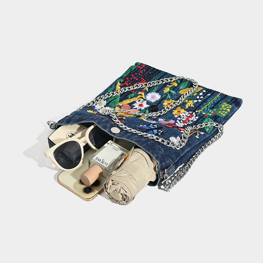 Embroidered Denim Crossbody Bag, Colorful Floral Shoulder Purse with Chain Strap, Artistic Boho Mini Handbag for Travel, Festivals & Everyday Use