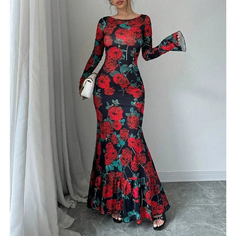 Floral Mermaid Maxi Dress – Long Sleeve Scoop Neck Bodycon Gown with Fitted Silhouette and Flared Hem for Weddings & Evening Events