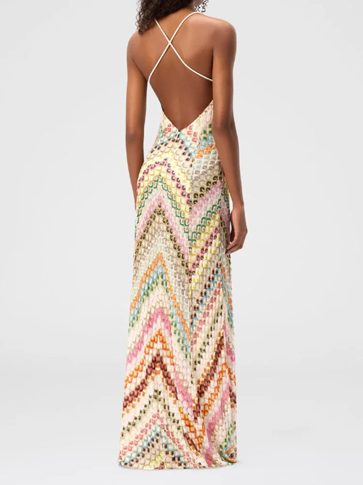 Chevron Maxi Dress – Strappy Backless A-Line Dress with Crossback Straps and Flowing Floor-Length Silhouette for Vacations & Summer Events