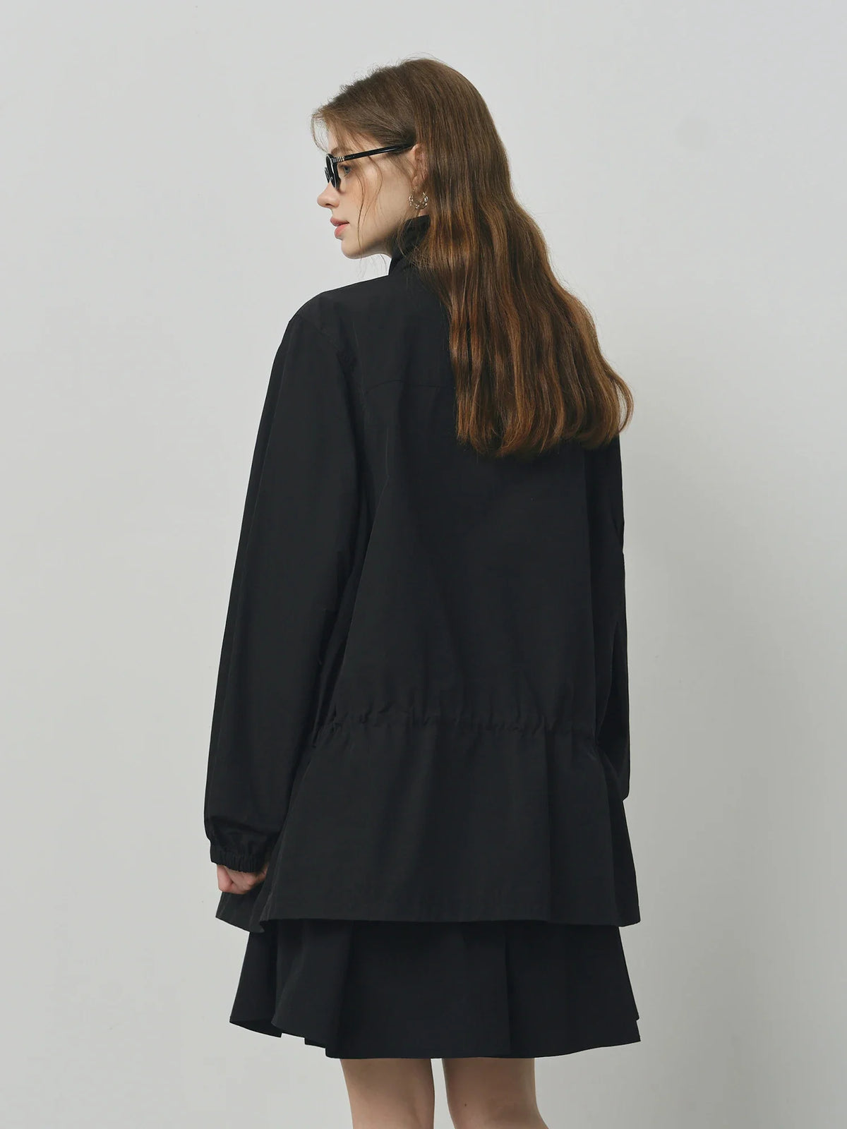 Oversized Cinched Waist Jacket, Hooded Button-Up Utility Jacket with Contrast Piping, Relaxed Fit Casual Outerwear