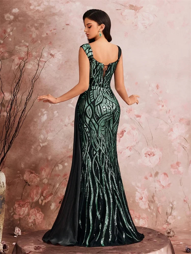 Embroidered Mermaid Maxi Dress – Sleeveless Square Neck Evening Gown with Patterned Bodice, High Side Slit and Flowing Floor-Length Skirt