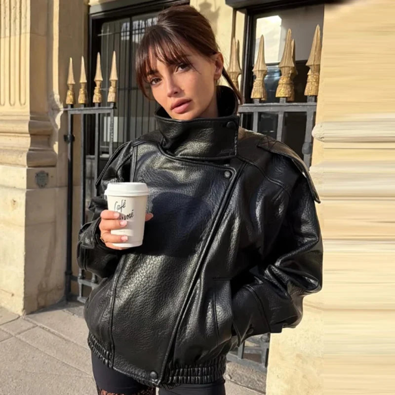 Women's Oversized Faux Leather Jacket, Relaxed Fit Biker-Inspired Jacket, Long Sleeve Zip-Up Fall Winter Outerwear