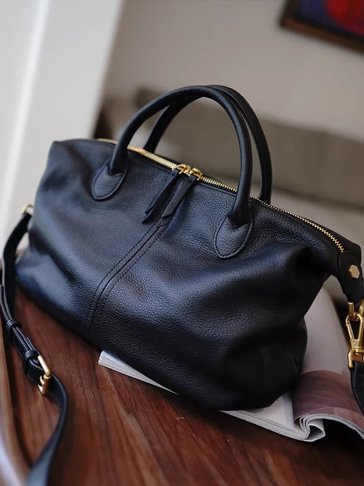 Vintage Boston Handbag, Soft Leather-Look Travel Satchel with Double Top Handles, Adjustable Crossbody Strap, Spacious Purse for Work & Everyday Use