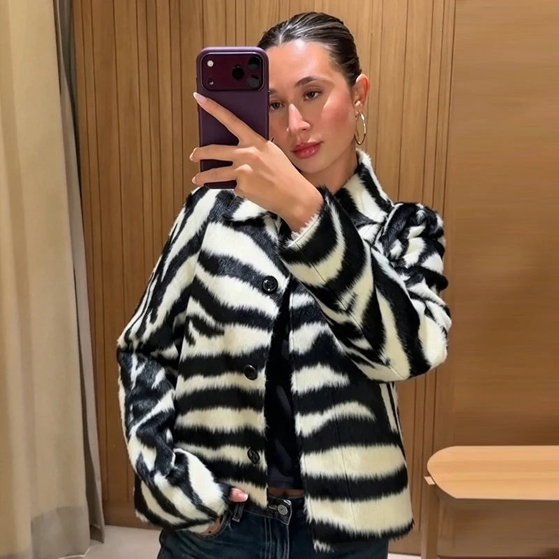 Zebra Print Jacket, Faux Fur Button Front Coat with Classic Collar and Relaxed Fit, Chic Statement Winter Outerwear