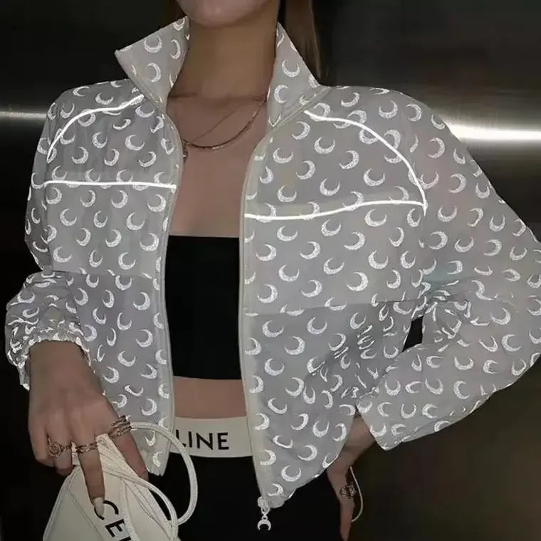Abstract Print Bomber Jacket, Lightweight Zip-Up Jacket with Stand Collar and Relaxed Fit, Contemporary Casual Streetwear Outerwear